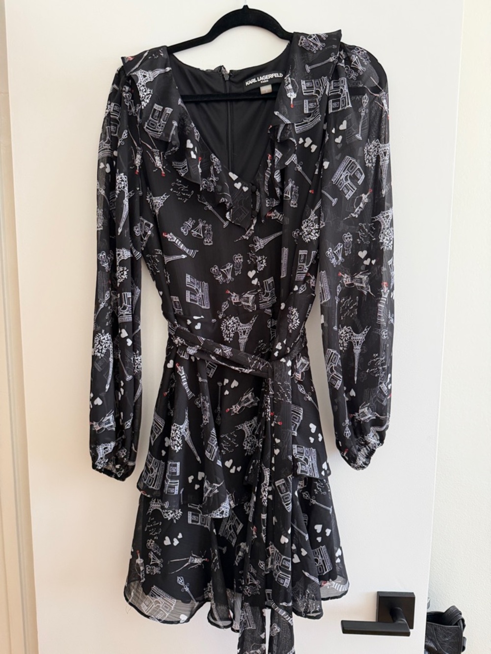 Karl Lagerfeld Black Printed Ruffle Wrap Dress with Subtle White & Pink Motif